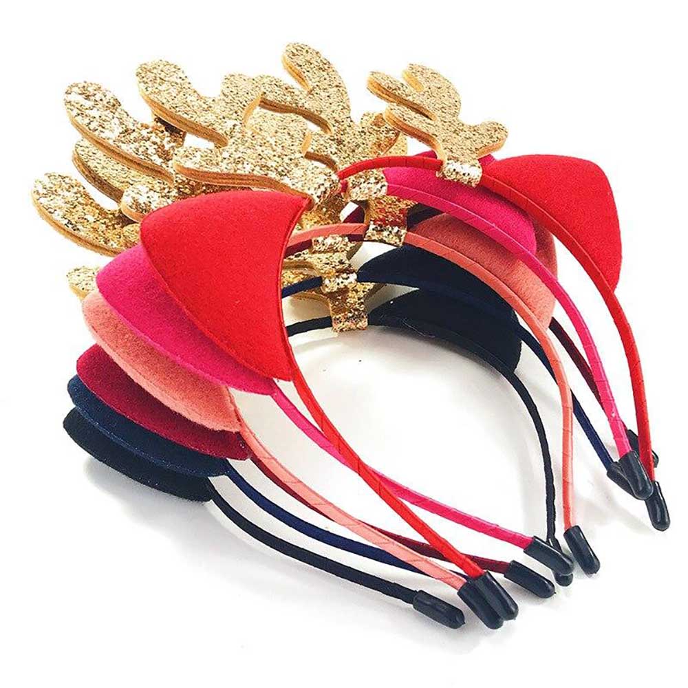 Faixa de cabeça de Natal com chifres brilhantes e orelhas de gato de desenho animado para meninas, acessórios para cabeça para crianças, suprimentos para decoração de festa de aniversário e natal