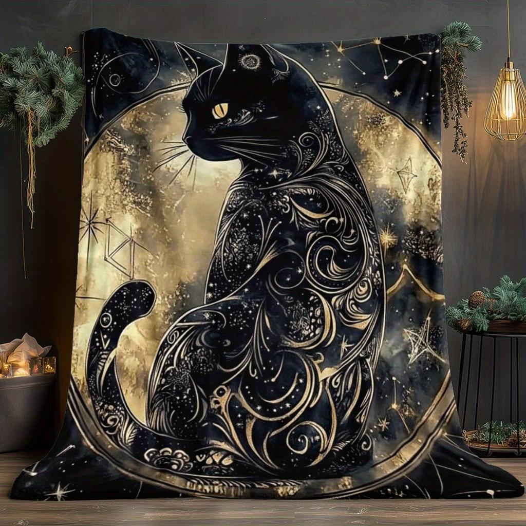 Custom Black Cat Blanket Celestial Moon Stars Design Personalized Name Fleece Throw All Season Soft Warm Bedding Home Decor Gift