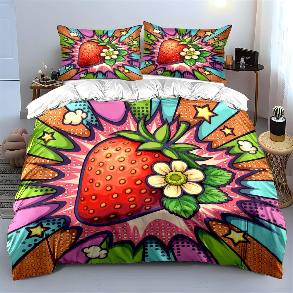 "Strawberry Pop Art Decor Set" Bedding Set with 1 Duvet Cover 2 Pillowcases Single Double King Queen, Gift