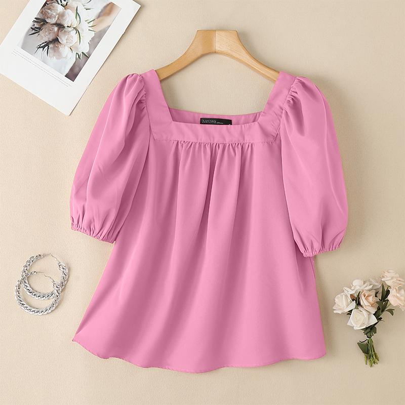 

ZANZEA Женская повседневная летняя блузка с квадратным воротником и коротким рукавом 3XL розовый