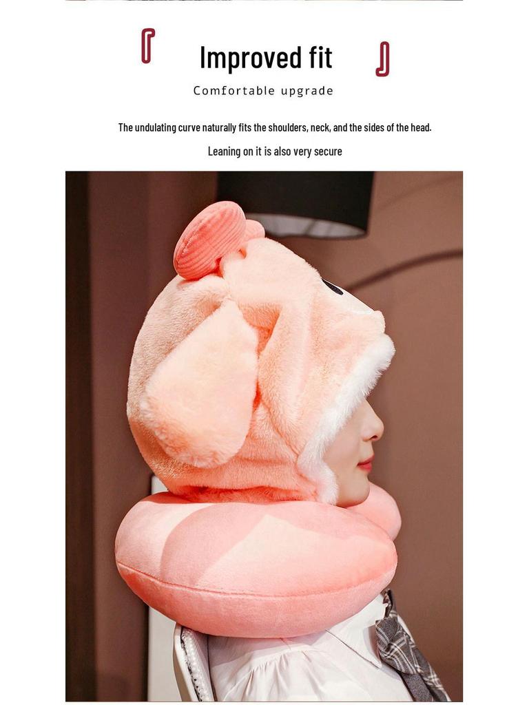 Hooded Cartoon U-Shaped Travel Neck Pillow with Hat - Gift for Girls