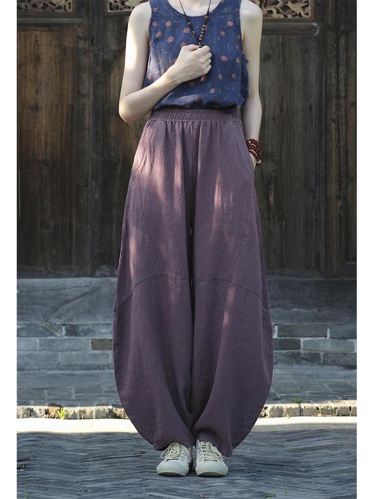 Women's Loose Casual Ramie Lantern Pants - Sand-Washed Distressed Cotton Linen Zen Tai Chi Pants