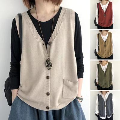 Women Knitting Vest V-Neck Sleeveless Single Breasted Warm Waistcoat Solid Color Loose Fit
