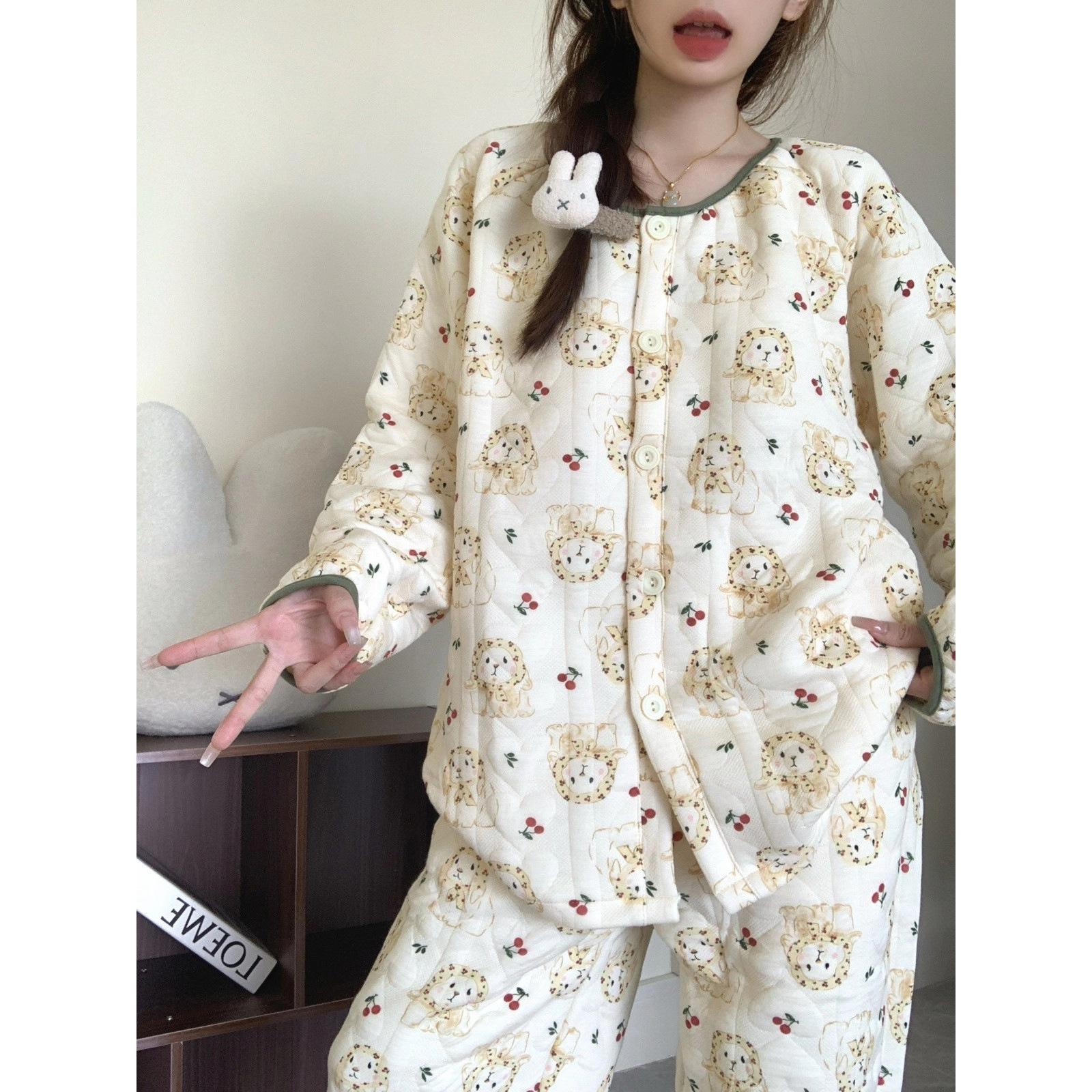 

Air cotton interlayer pajamas women s autumn and winter thickened warm suit high-end loungewear large size winter spot M