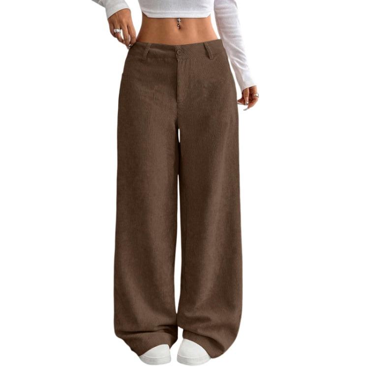 Pantaloni a Coste da Donna Larghi Comodi Casual Vita Elastica Gamba Dritta Con Tasche