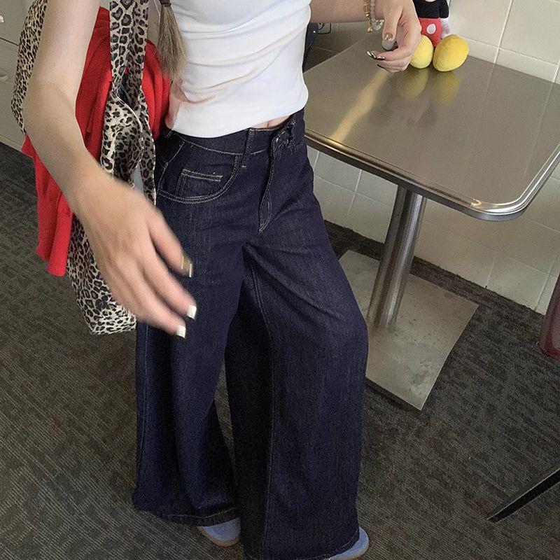 2024 Women's High Waist Dark Blue Retro Straight Jeans - Slim Wide Leg Mopping Trousers
