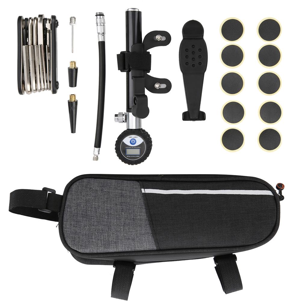 Zestaw narzędzi do naprawy opon rowerowych, przenośny, outdoor, cyfrowa pompka, igła do pompowania, łatki naprawcze, zestaw kluczy