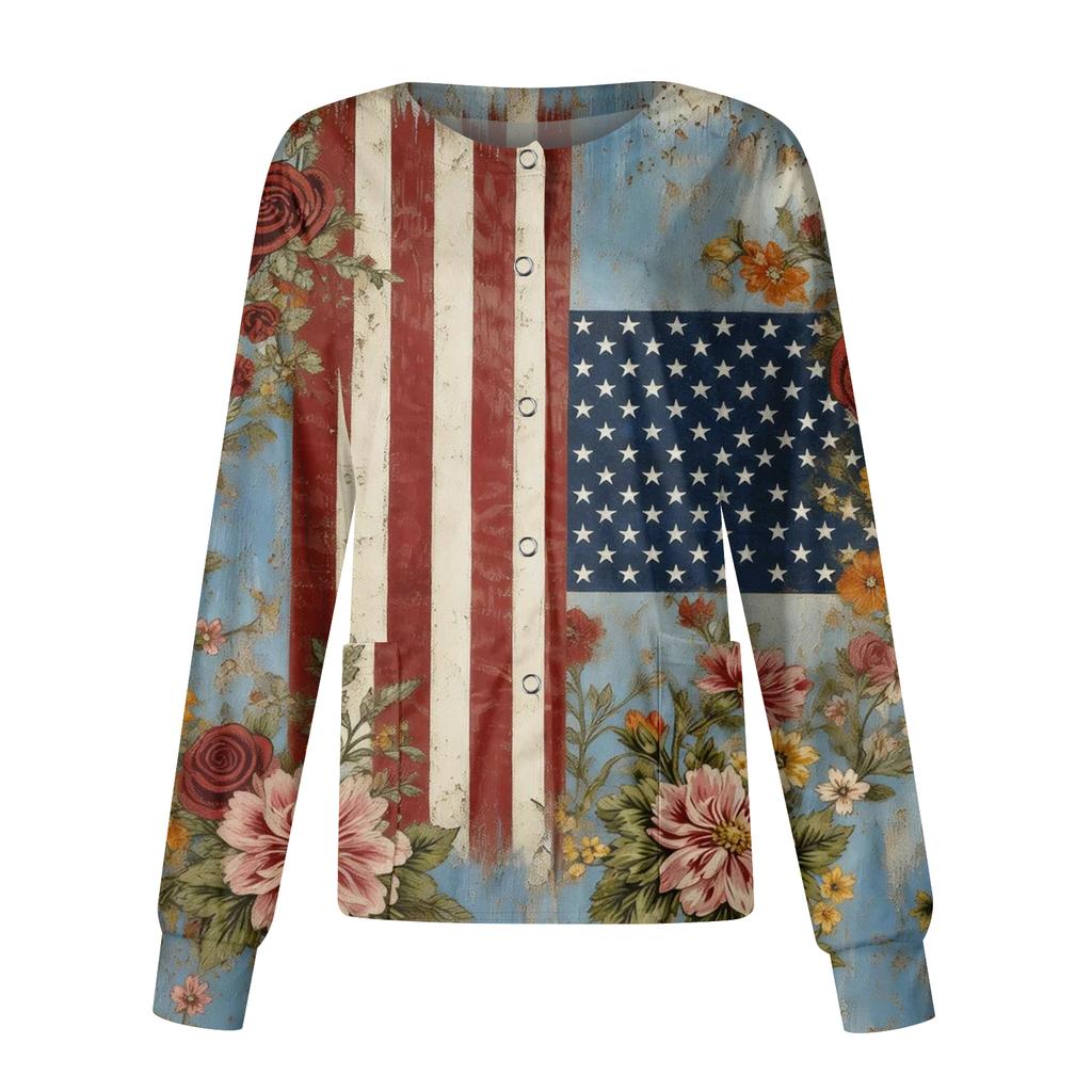 Women's Casual Fashion Long-Sleeve Stand-Up Collar Single-Button Independence Day Print Workwear Jacket
