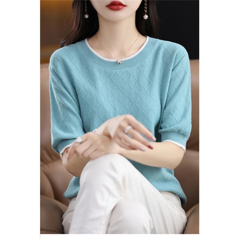 Cotton Thread Pullover Women Short Sleeved Round Neck T-shirt Color Blocked Diamond Shape Thin Knit Bottoming Shirt Simple Casual Commut Spring Autumn