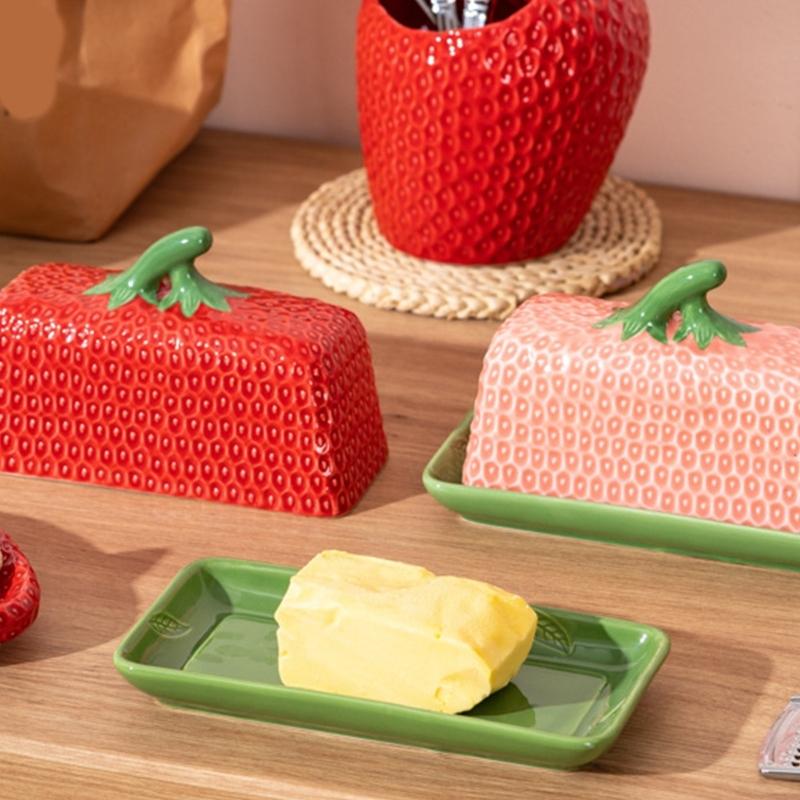 Strawberry Look Kitchen Butter Dish with Bright Finish for Meal Table Styling, Smooth Feel, and Household Serving Use