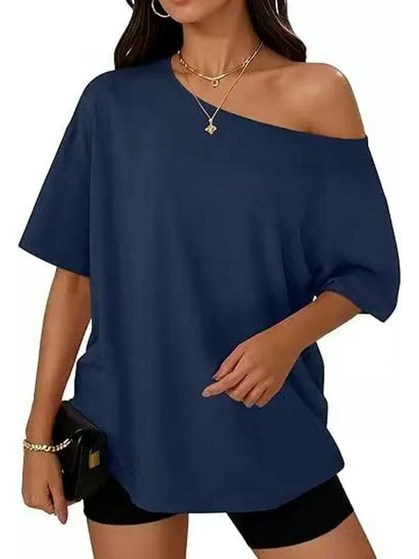 

2025 European & American One-shoulder Loose Summer Solid T-shirt XLarge