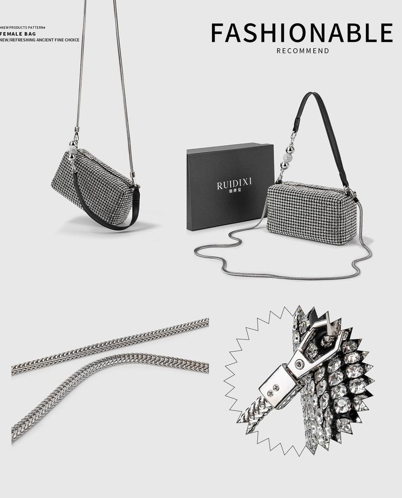 OIUYUE Rhinestone Mini Shoulder Bag, Women's Pochette, Sparkly Handbag, Shoulder Bag with Chain, Korean Style, Casual, Crossbody Bag, 2-Way (Free