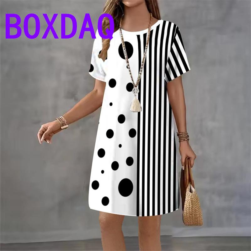Gradient striped Pattern For Ladies Dress Vintage Short Sleeve O-Neck Loose Casual A-Line Dress Summer 3D Print Women Sundress