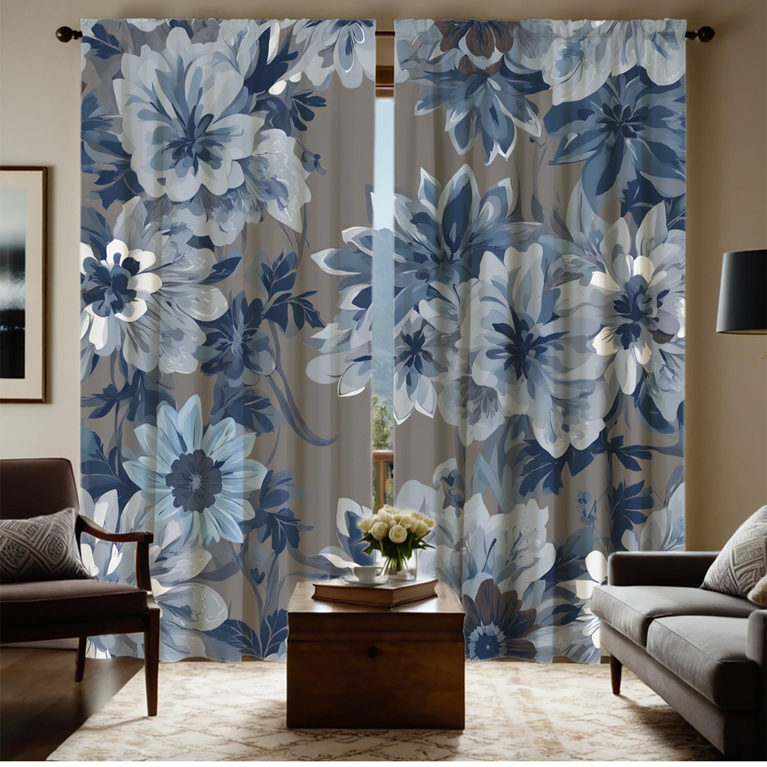 

2 шт. Синие и белые шторы с цифровой печатью высокой четкости с цветочным принтом - Дизайн Двойной веер , Полупрозрачные, Машинная стирка, Полиэстер 53x116cm 2pc&Without mount