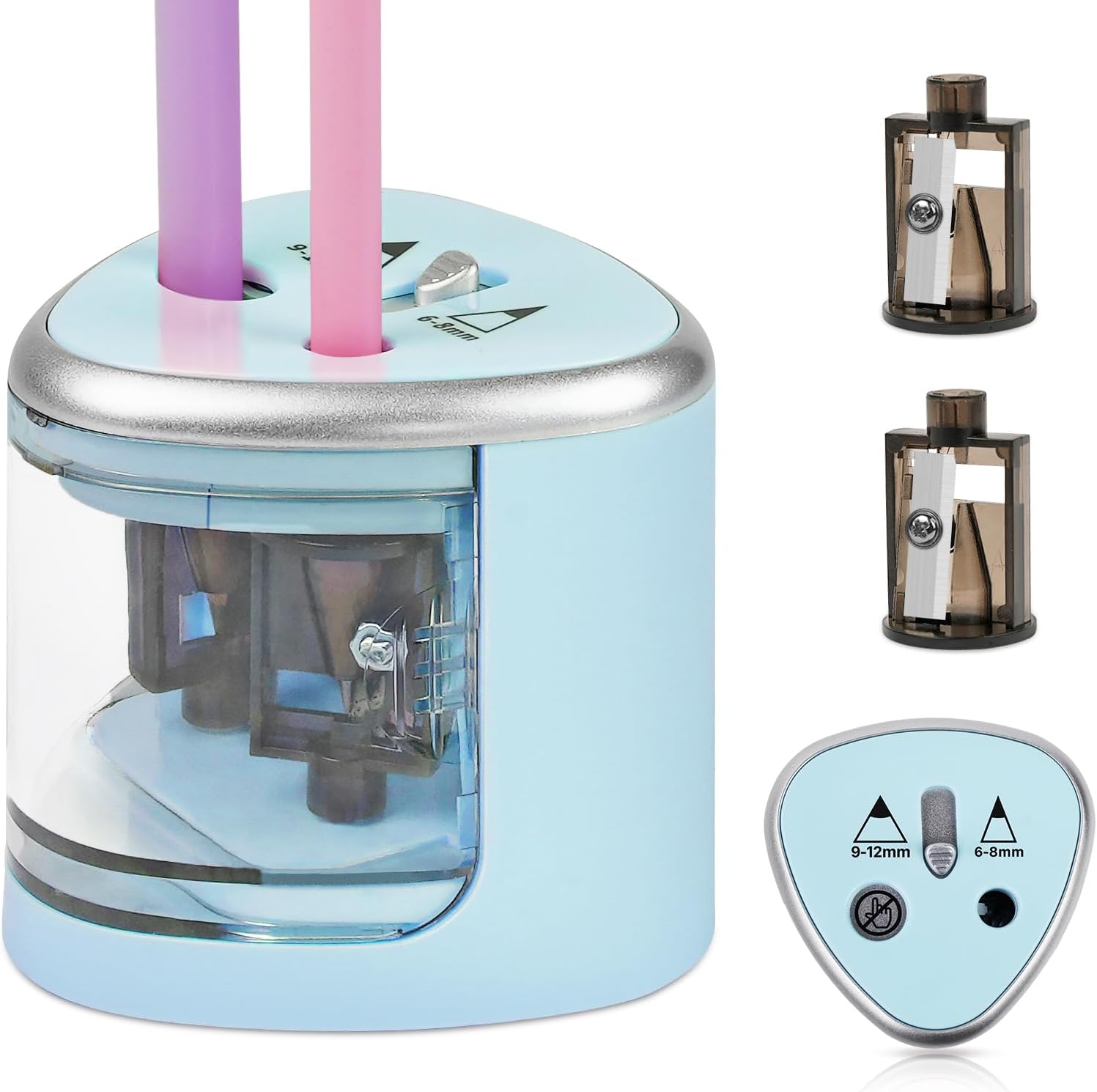 

Електрична точилка для олівців з подвійним отвором, автоматична точилка на батарейках з 2 додатковими тримачами для лез, для 6-8 мм/9-12 мм синій