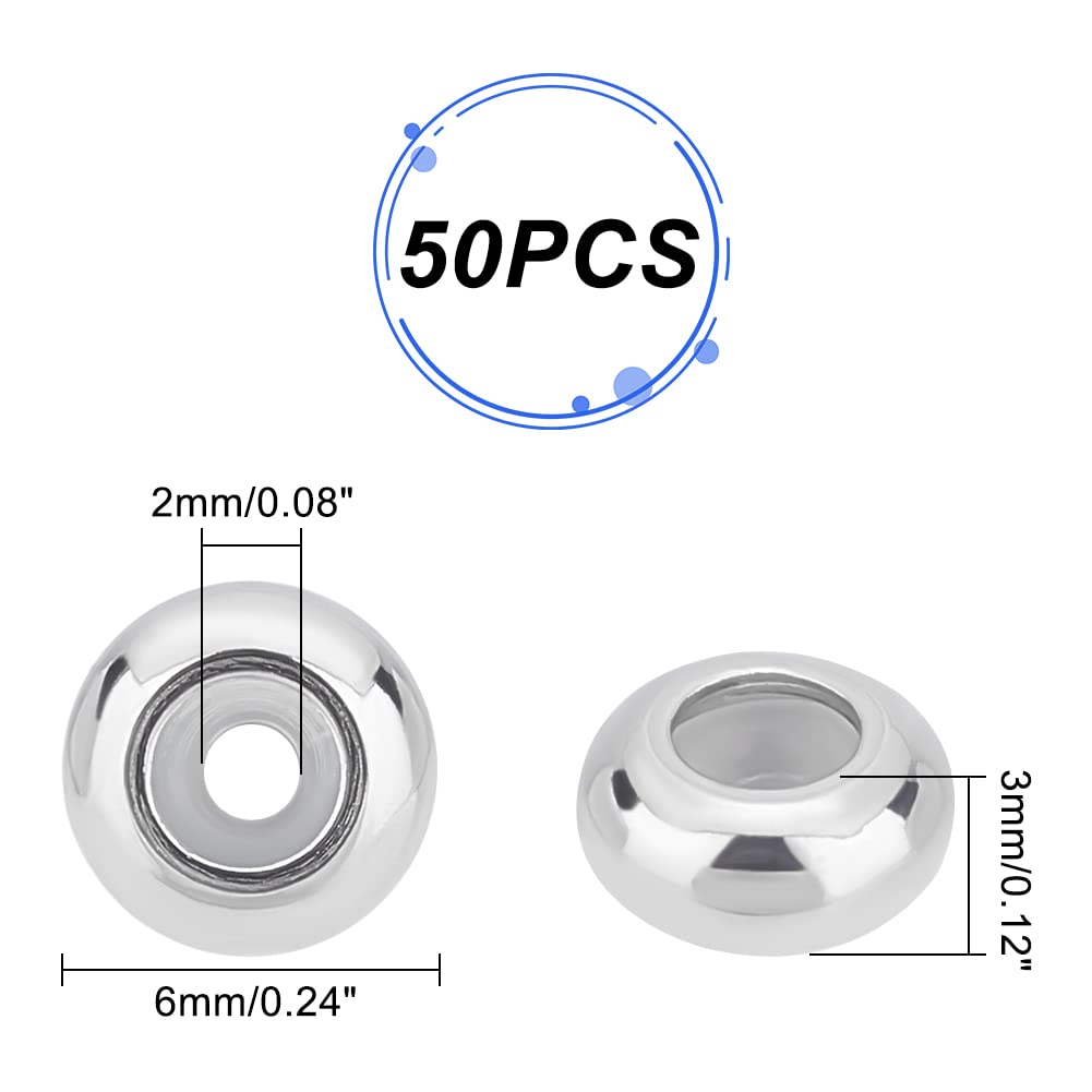 50Pcs 202 Stainless Steel Beads, with Rubber Inside, Slider Beads, Rondelle, Stainless Steel Color, 6x3mm, Hole: 2mm