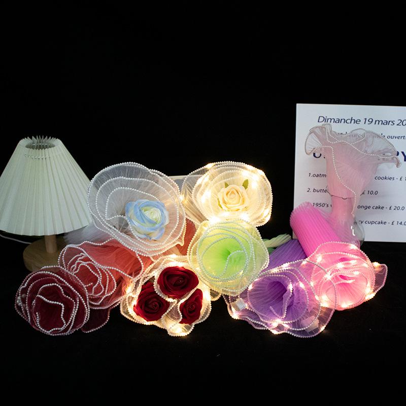 Led Flower Wrapping Paper With Lights Pearl Lace Mesh Wave Yarn Florist Bouquet Packaging Decoration Wedding Birthday Gifts