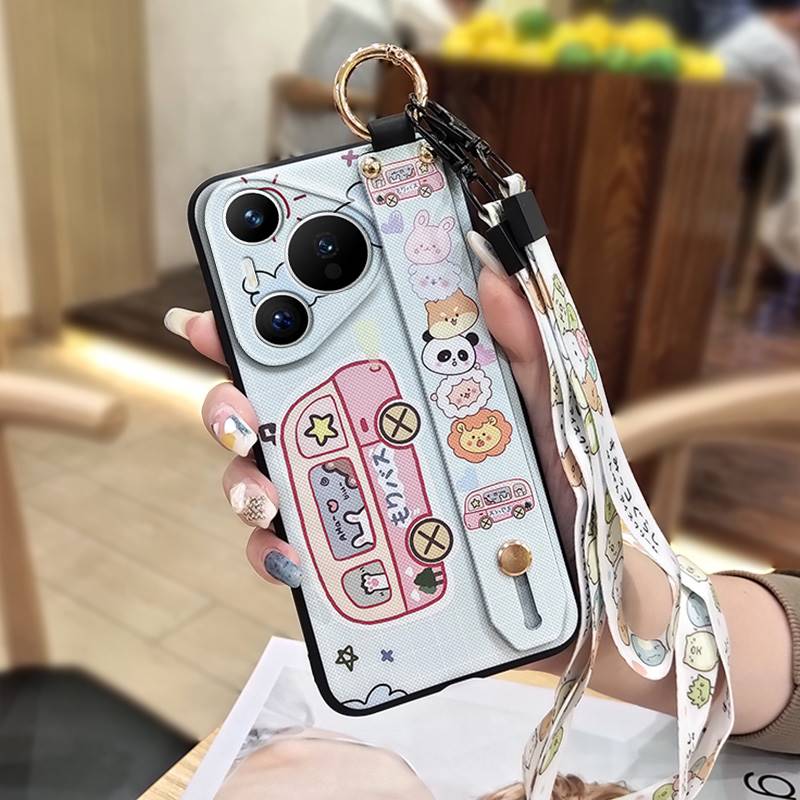 Protective Kickstand Phone Case For Huawei P70 Pro/Pura 70 Pro+ Wrist Strap Shockproof Dirt-resistant Cartoon Cute Ring