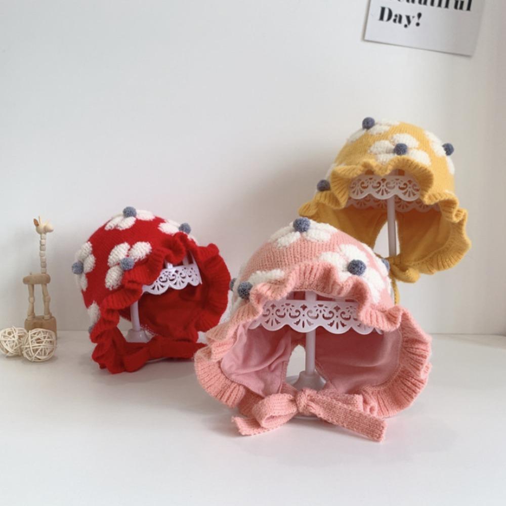 Autumn Winter Knit Hats for 1 - 2 Year - old Kids and Girls Soft Princess - style Pom - pom Beanies for Babies Flower