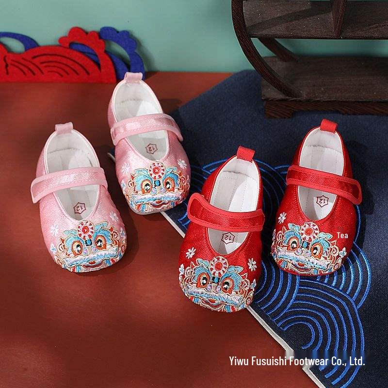 Soft Sole Baby Girl Hanfu Shoes - Red Tiger Head Ethnic Style for Toddlers