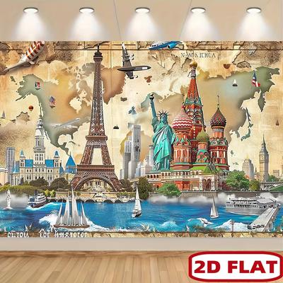 2D World Landmarks Travel Backdrop Vintage World Map Photography Background