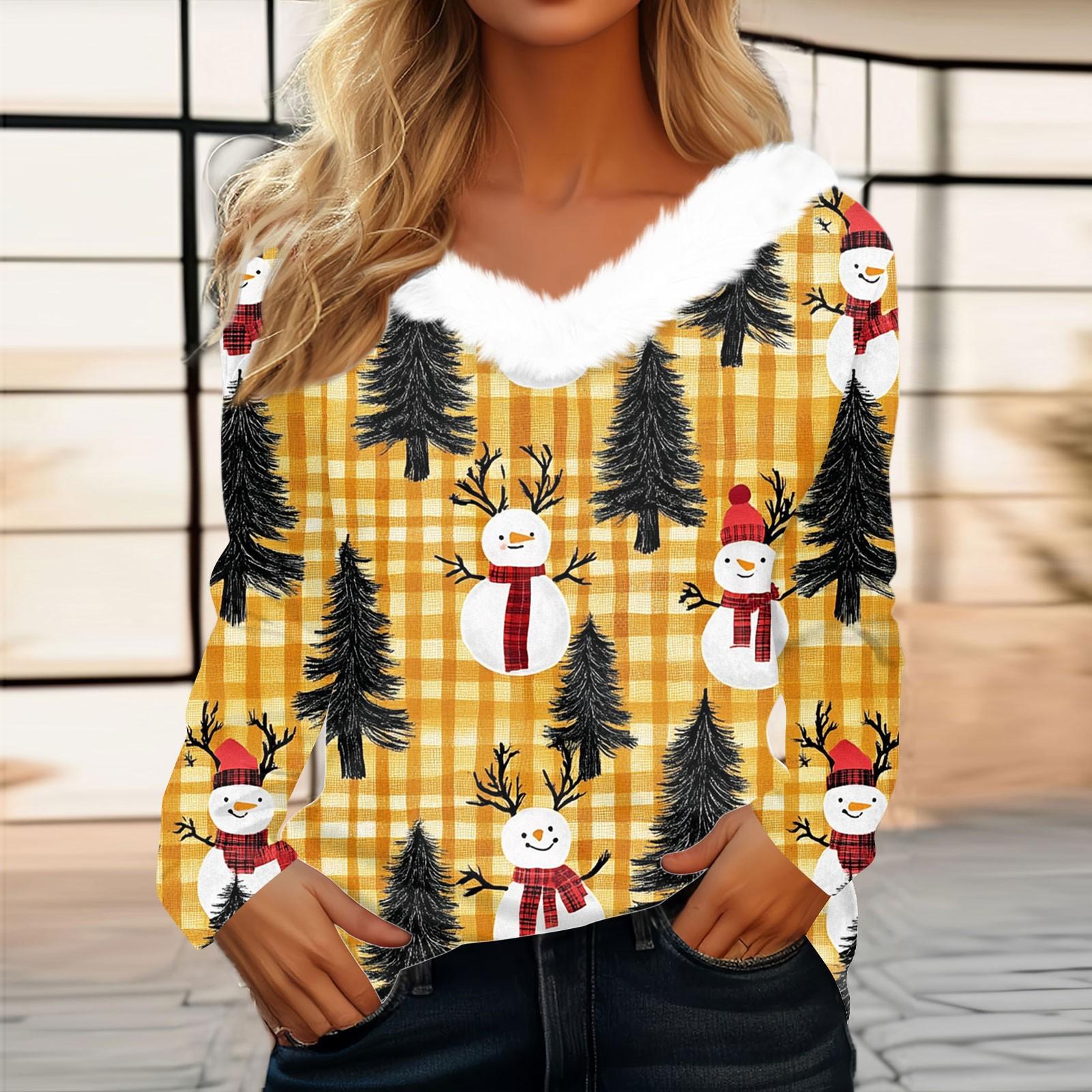 

Женский длинный рукав рождественский принт вечеринка плюшевый воротник широкий повседневный V-образный вырез топ L жёлтый