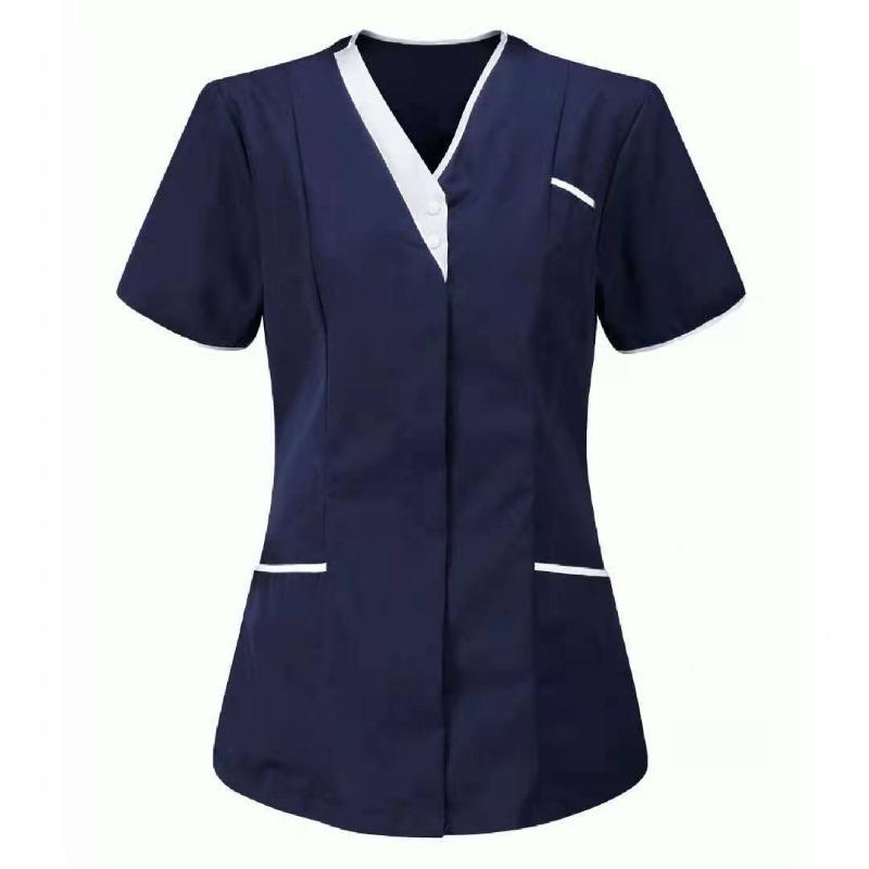 Women Solid Color Short-Sleeve V-neck Top Nurse Work Uniform Pocket Top
