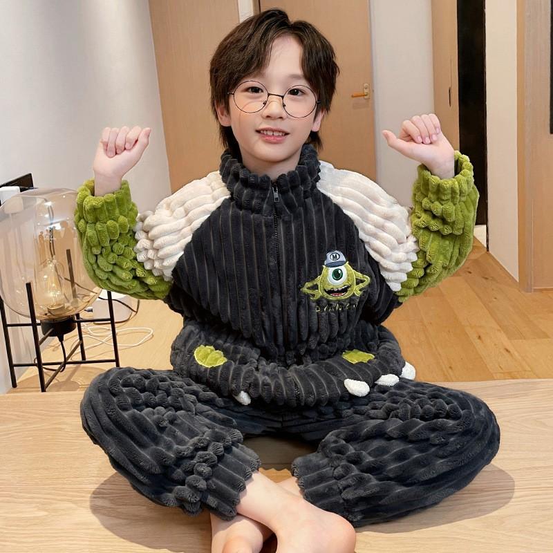 Boys Warm Coral Fleece Pajama Set Winter Thick Flannel Sleepwear Kids 8-14 Years