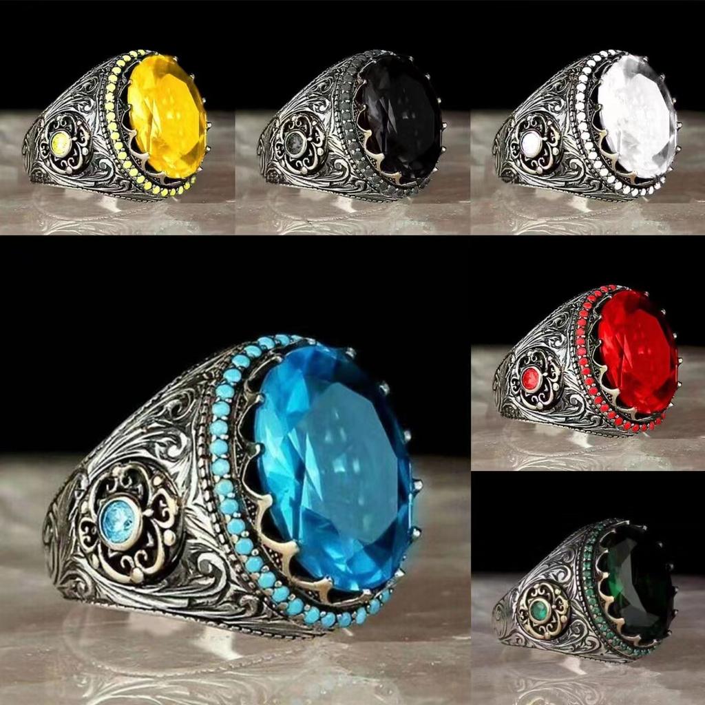 Accessories, Egg Aquamarine Ring Men'S Hip Hop Engraved Vintage Pattern Ring