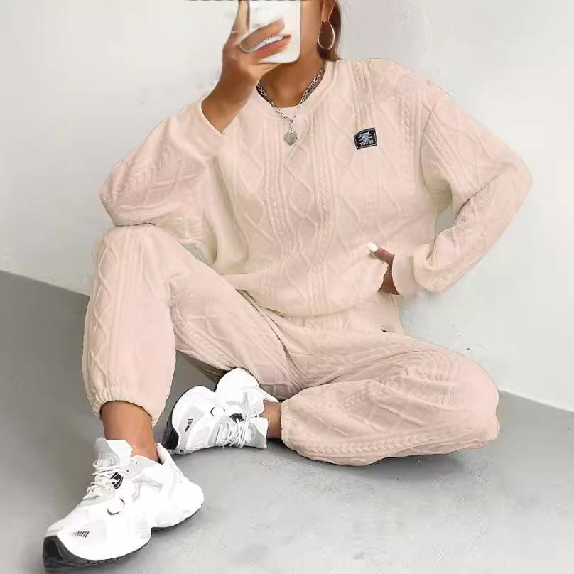 Ladies' Autumn and Winter Solid Color Jacquard Long Sleeved Casual Round Neck Sweatshirt and Pants Set