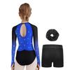 Mädchen Turnanzug Netz Langarm Leotard Strass-Dekor Shorts Stirnband Set