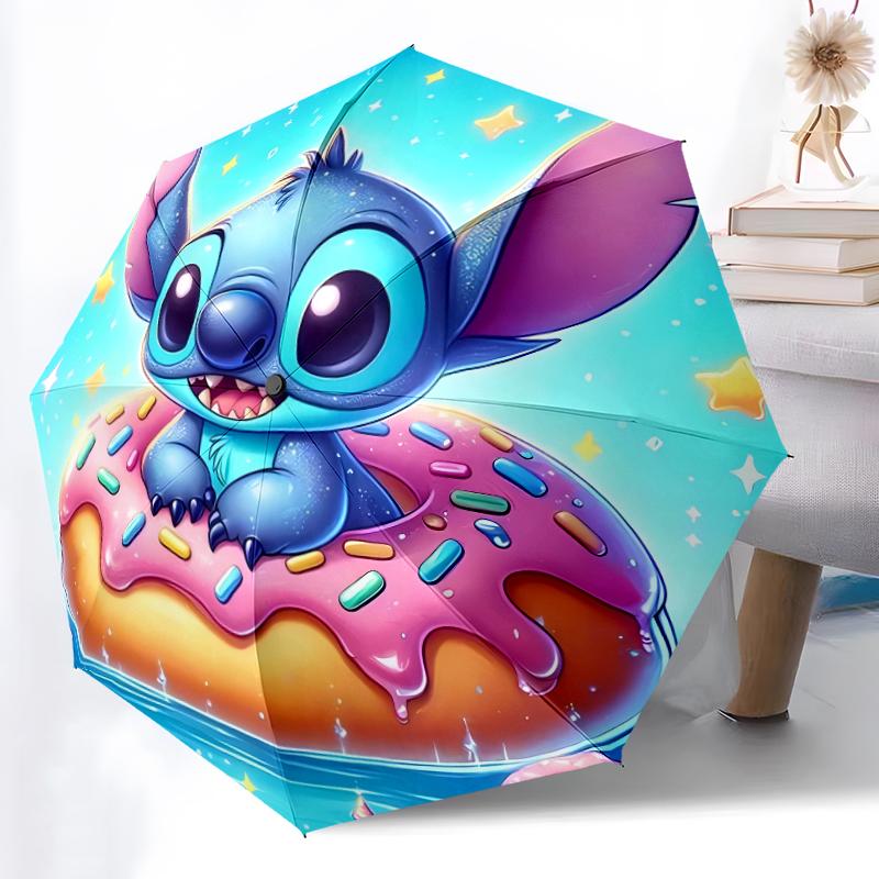 1pc Sturdy 8-Bone Auto Umbrella, Stitch Donut Pastel Pink Blue Umbrella, Digital Printed, Foldable Umbrella for On-the-Go Outdoor Use