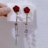 Red Flower & Butterfly Long Tassel Earrings - Light Luxury High-End Style for Women, Perfect for Autumn & Winter.