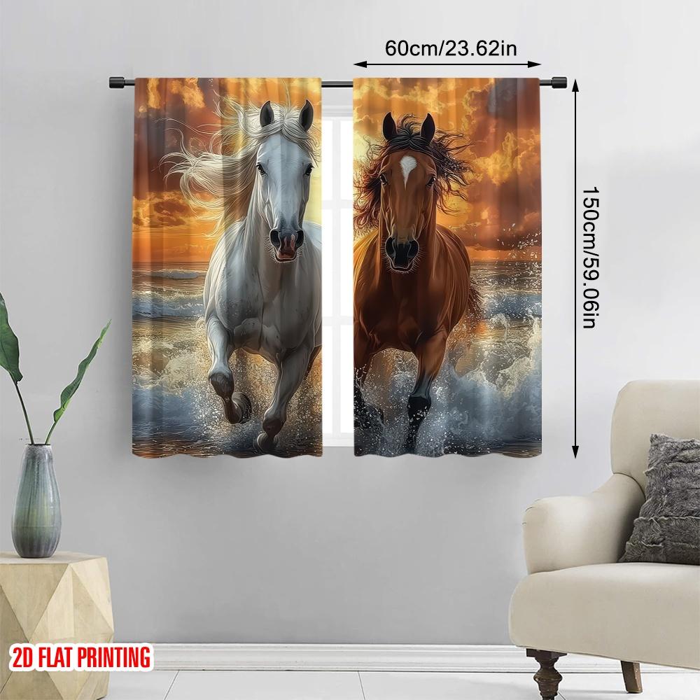 2D Flachdruck 2 Stück 2D Flachdruck Szene Vorhang Weiße und braune Pferde laufen am Strand bei Sonnenuntergang Vielseitiges Polyester