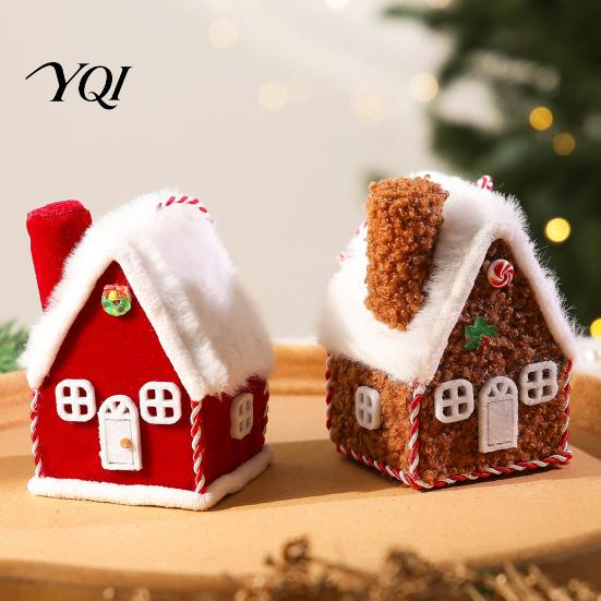 Miniature Cabin Tabletop Decor Plush Christmas House Hanging Ornament, Fabric Gingerbread Pendant with Reusable Festive Scene Accessory Rope,