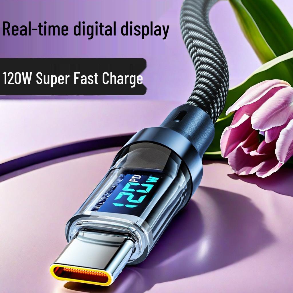 120W Super Fast Charging Type-C Data Cable with Real-Time Digital Power Display, Fully Compatible.