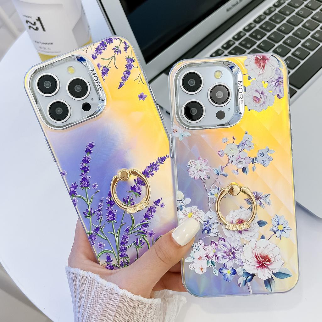 iphone16ProMax Mobile Phone Case Is Suitable for Apple 15 Ring Bracket Electroplated Laser Flower Protective Cover