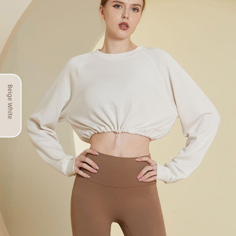 

Новинка Толстовка с длинным рукавом Женский короткий кроп-топ Блузка Утягивающая Куртка для тренировок Беговая куртка Куртка для йоги Rice apricot S