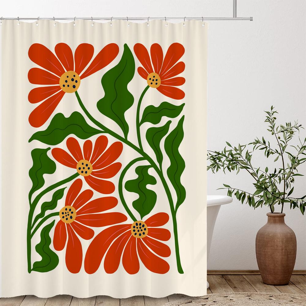Artistic Abstract Plants and Flowers Print Shower Curtain Polyester Fabric Bath Curtain With Hooks Curtains For Bathroom Decor