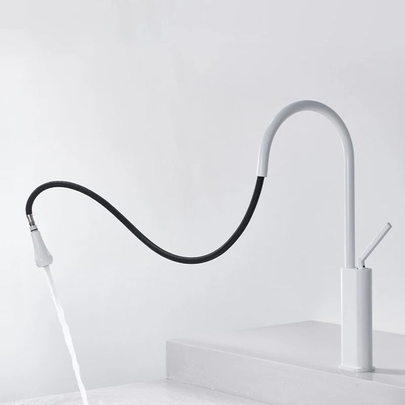 Mitigeur d'évier de cuisine extractible Blanc/Noir Montage sur plage Eau chaude froide Robinet mélangeur Rotation 360° Tête de pulvérisateur à jet Robinet de cuisine