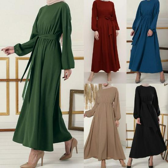 2022 Muslim Women's Solid Color Slim Tie-up Long Dress - Middle Eastern Dubai Fashion
