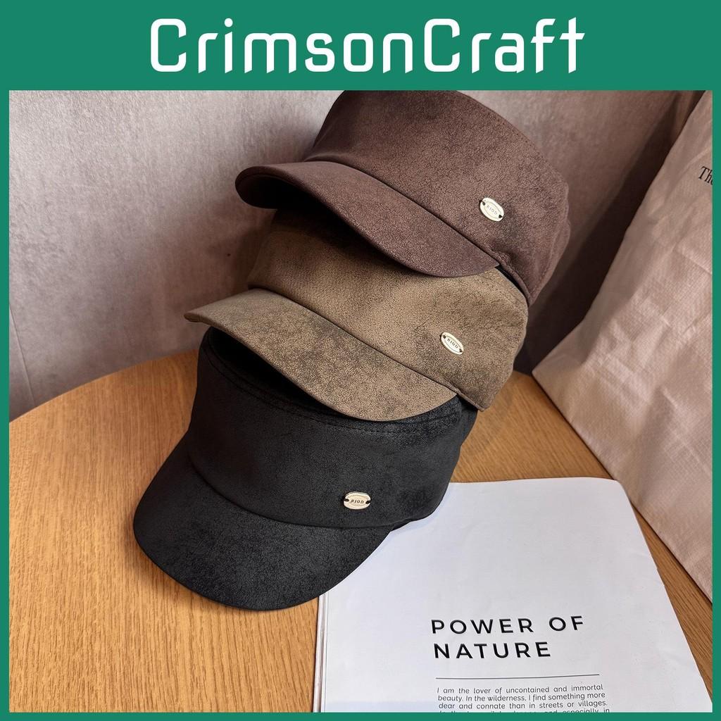 Simple Solid Color Gold Logo Decor Women Casual Suede Beret Hat Fall For