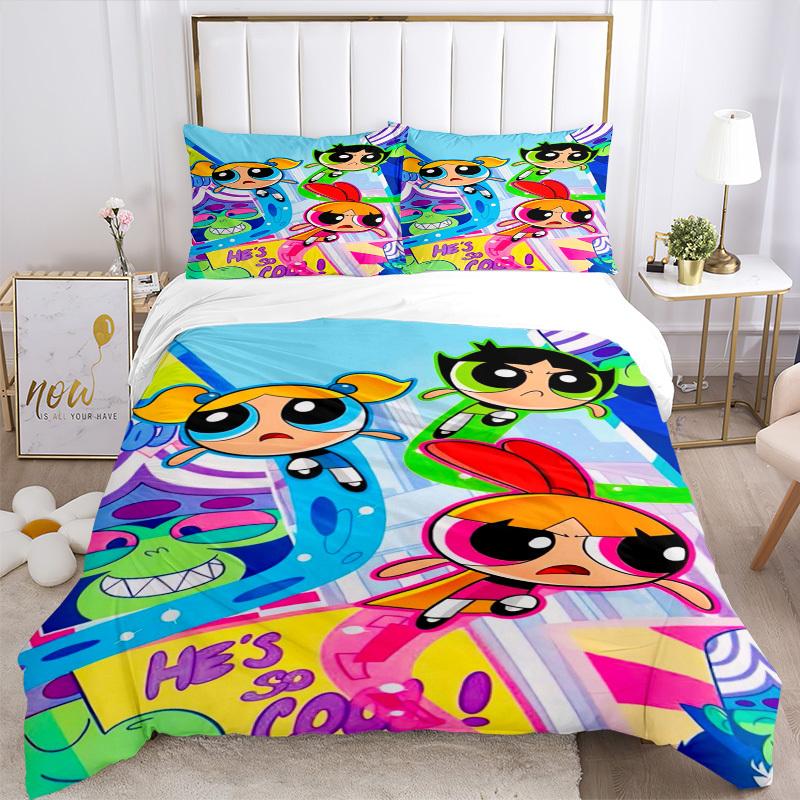 3pcs Powerpuff Girls Duvet Cover Set, 1 Duvet Cover + 1/2 Pillowcases (No Insert),Bedroom Decor, Allseason Comfort Yy251021285