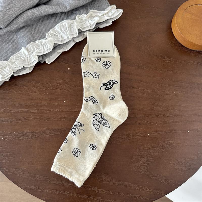 Mori Socks Women'S College Wind Fungus Edge Butterfly Trend Retro Women'S Cotton Socks Medium Tube Socks