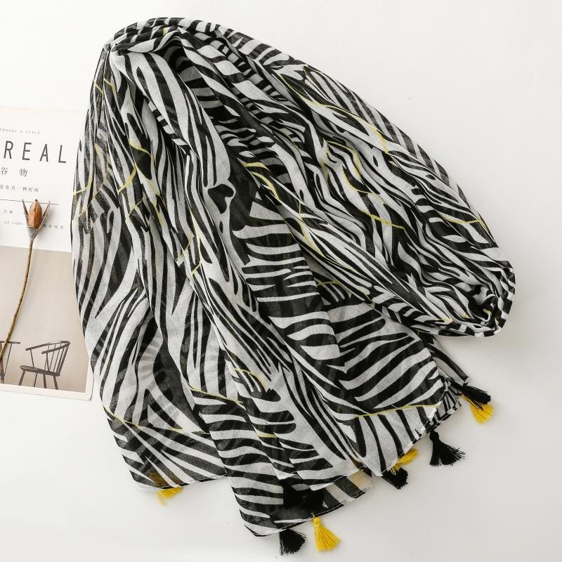 Women Scarf Zebra-Stripe Summer Beach Shawl Bohemia Cotton Linen Feeling Tassel Pashmina Muslim Hijab Wrap Viscose Scarf Luxury