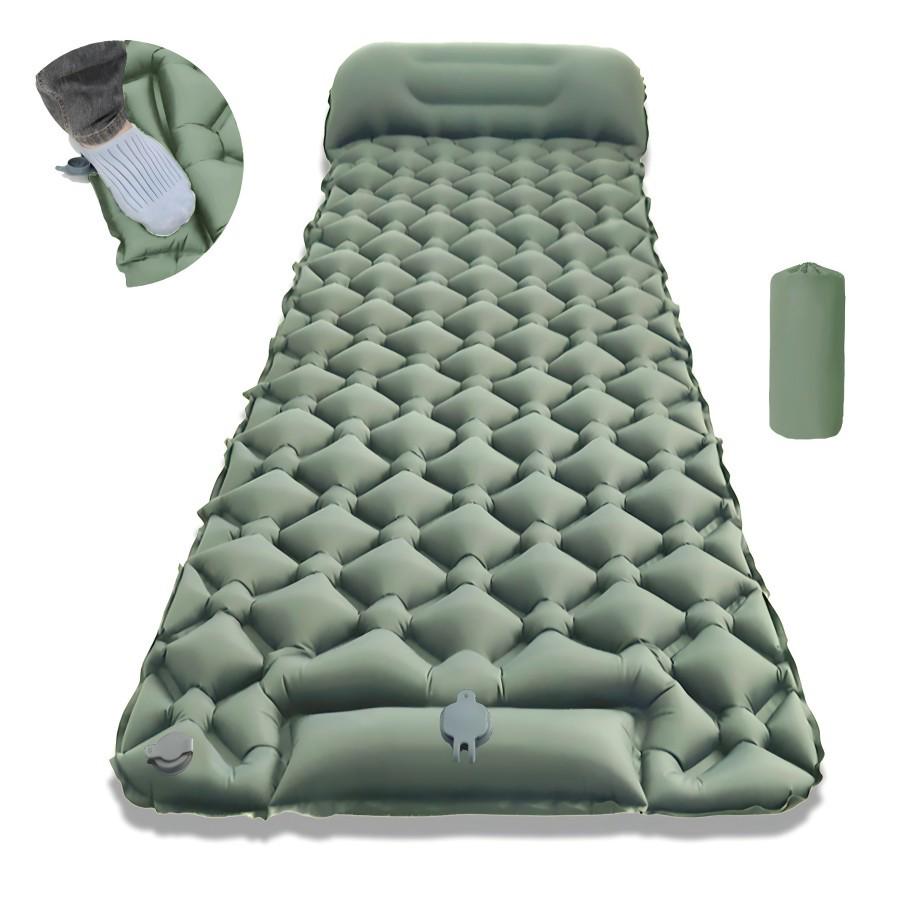 Ultralight Single Sleeping Pad with Pillow, Foot-Pump Inflatable Camping Mat, Moisture-Proof for Outdoor, Tent, or Car Use.