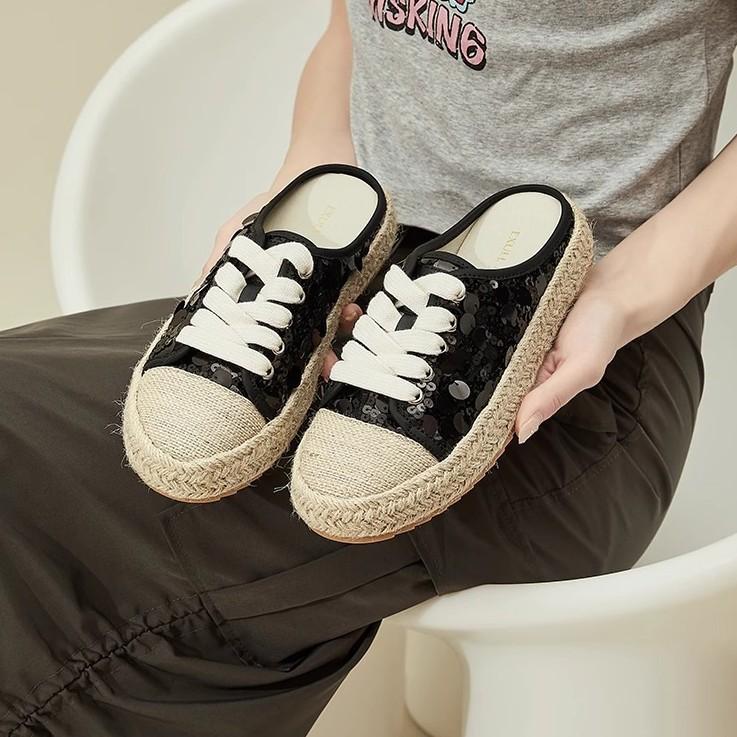 Fashion sequined bag head half slippers women's 2025 summer new thick-soled straw rope fisherman shoes without heel sandals