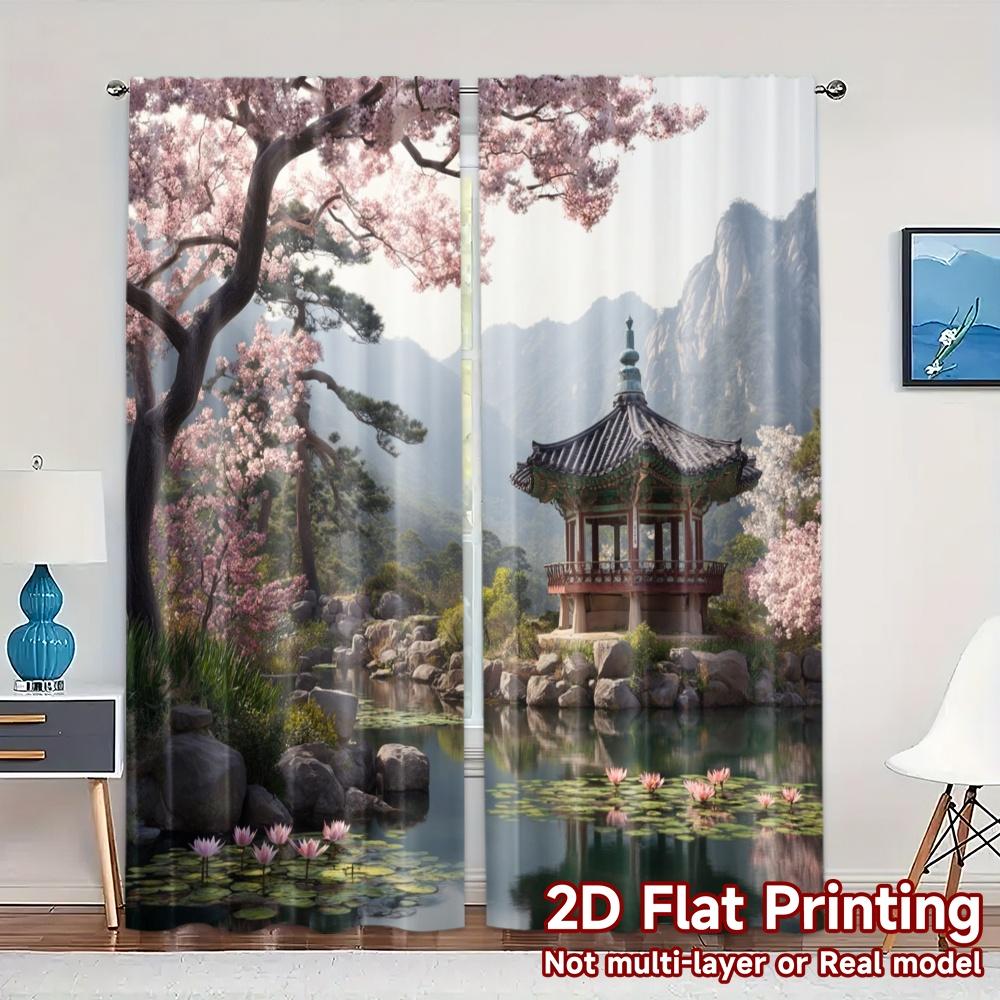 

2pcs 2D FLAT PRINTING Curtains (Without Rod) Serene Pavilion Light Filtering Chic Curtains Versatile Fabric Curtains Versatile 100*130 Rod Pocket 1pcs
