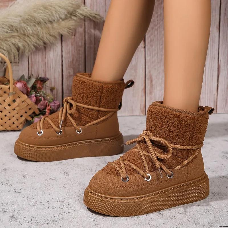 

Модные зимние женские сапоги 2024 года, модные, с круглым носком, однотонные, на среднем каблуке, на толстой подошве, замшевые, теплые, на шнуровке, женские сапоги до середины икры 41 коричневый