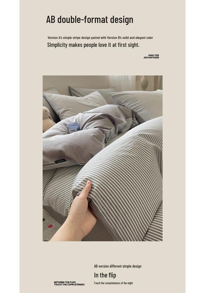 New 100% Cotton Simple Stripe Bedding Set – Includes Duvet Cover, Fitted Sheet, and Four-Piece Set for Dorms
